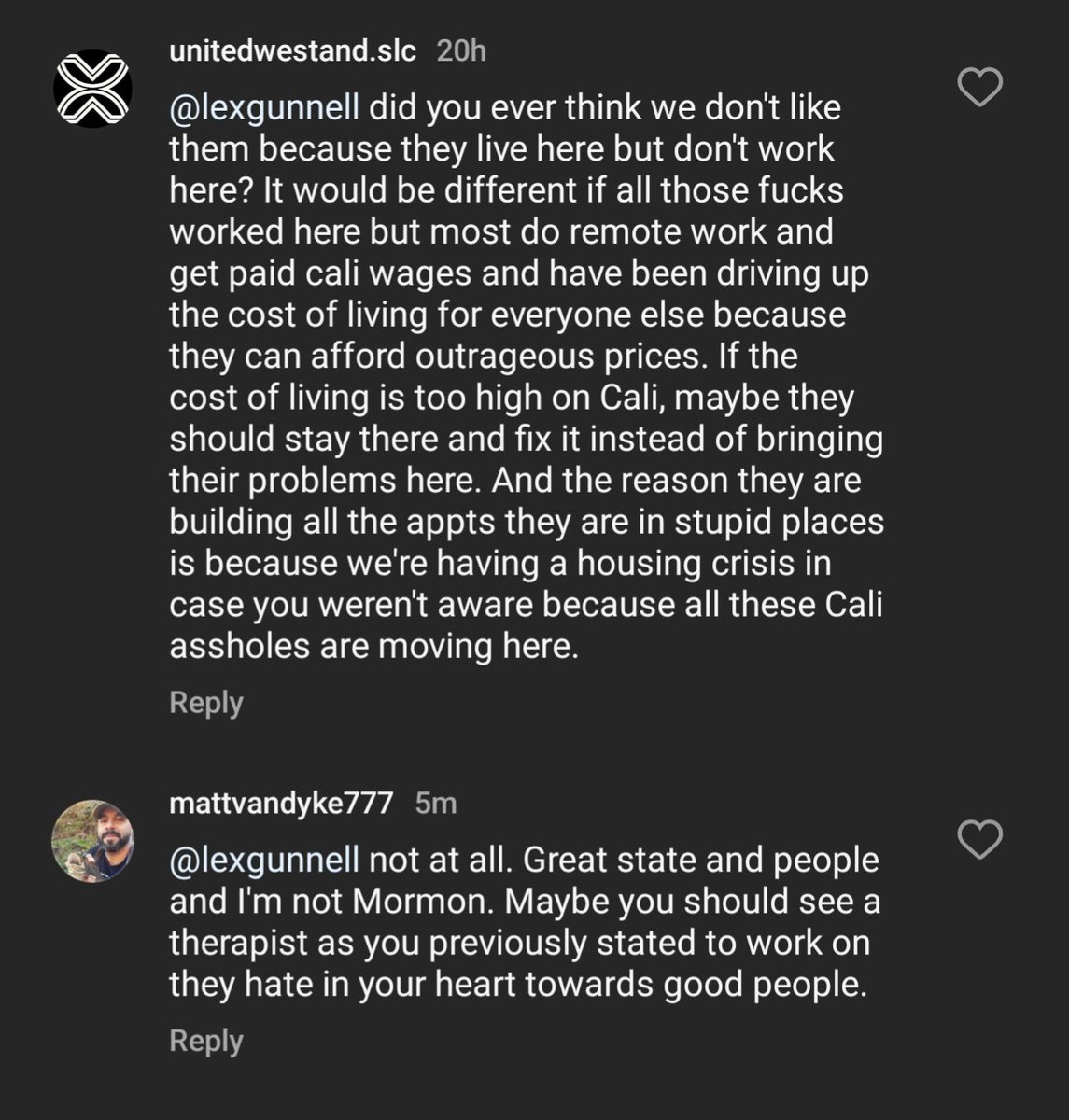 LexInturmoil's tweet image. I posted ONE COMMENT on Instagram about how: maybe, just maybe, it's not the Californians ruining Utah, maybe it's always been this awful. And the Utahns in the replies are just proving my point.