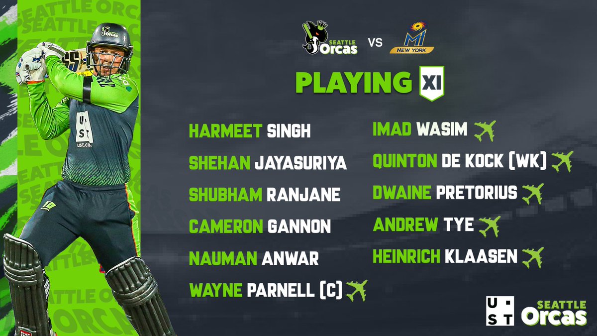 MLCSeattleOrcas's tweet photo. Our Playing XI for today's #MLCFinal 👏

@MINYCricket won the toss and chose to bowl first 🪙

#SOvMINY #SeattleOrcas  #MajorLeagueCricket #UST #lifeatUST https://t.co/fypMXmKTDp
