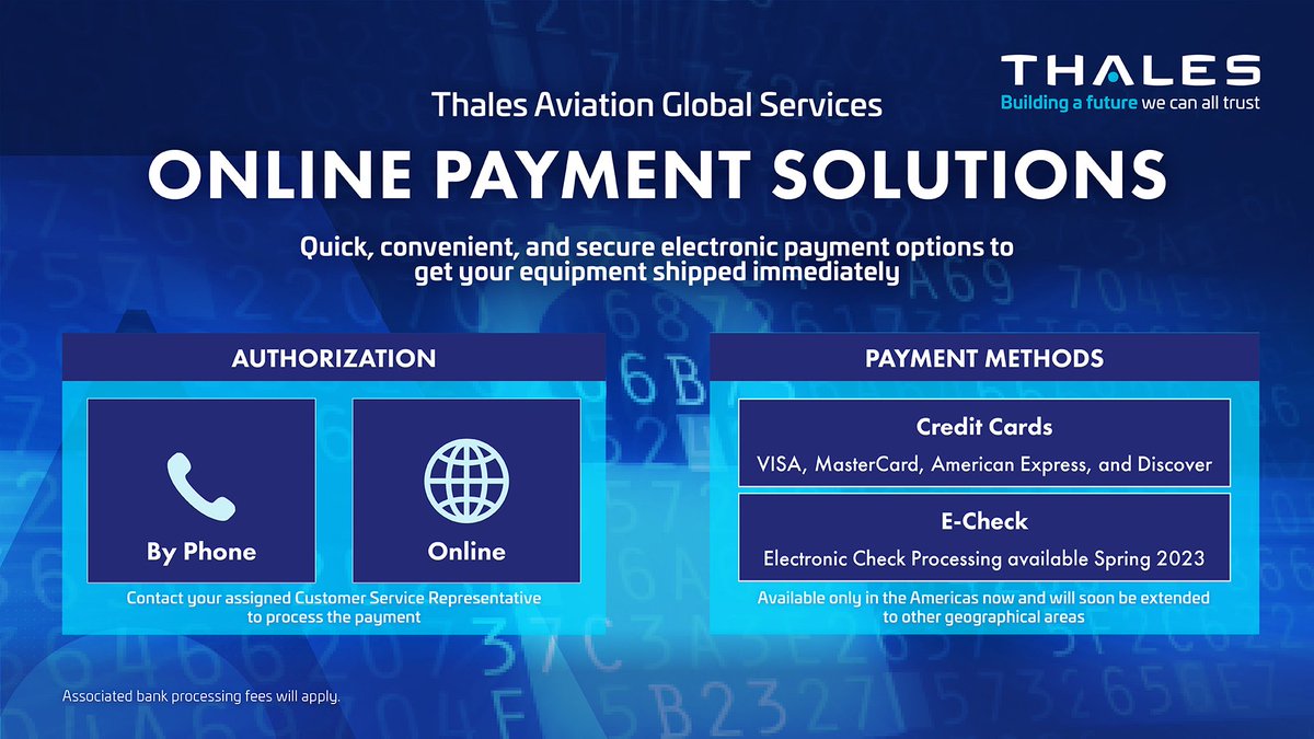 ThalesAerospace's tweet image. Easy electronic payment options are now available for Thales AGS customers in the Americas! Pay for equipment and services securely and conveniently.
Contact your assigned Customer Service Representative to process the payment.
#ThalesAGS #OnlinePaymentSolutions