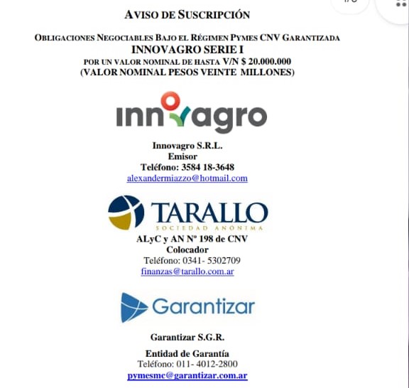 Con base en Córdoba, Innovagro tiene distintas unidades de negocios vinculadas al campo (siembra, insumos, feedlot). Y el lunes sale al mercado con una ON por $20M para financiar instalación de un centro de distribución mayorista de combustible en La Toma. tinyurl.com/4h7rkesx