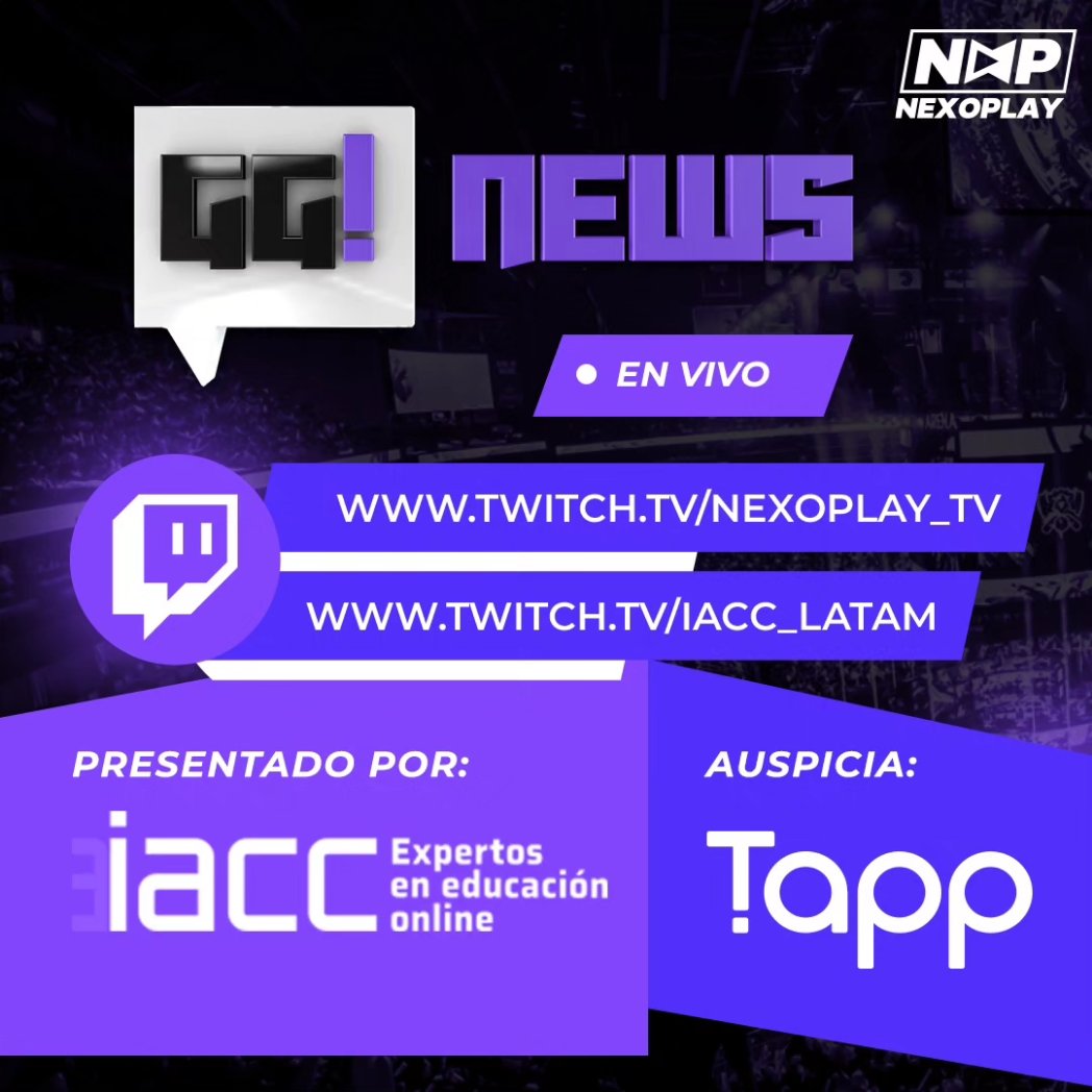 Nexoplay_tv's tweet photo. ¡Ya falta poco para GG NEWS! 🔥
 
Este martes a las 19:00 hrs con @dekaimeri y @bastian_elmo revisaremos las noticias del mundo de los videojuegos. 

No te pierdas #ModoRanked de @marurockets a través de nuestro canal de Twitch y el de Iacc. https://t.co/SgSY1FHZmn