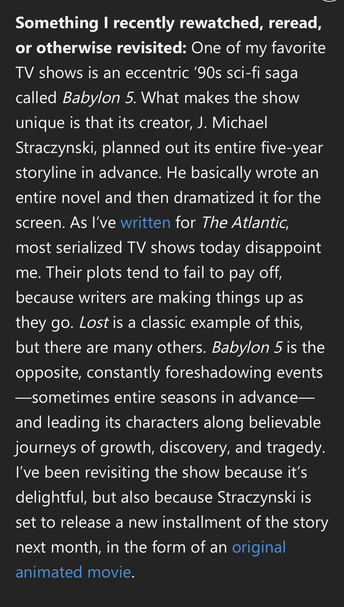 straczynski's tweet photo. So today The Atlantic ran an article entitled "The Show That Knows the Secret to Serialized TV," written by @Yair_Rosenberg (to whom I extend my humble thanks and appreciation).  The relevant section appears below. https://t.co/zm7vVk3s8f