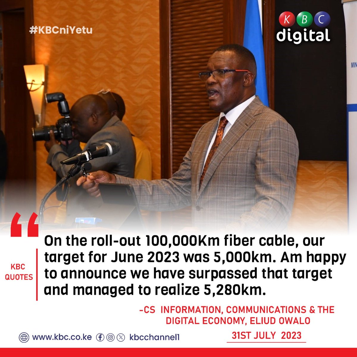 "On the roll-out 100,000Km fiber cable, our target for June 2023 was 5,000km. Am happy to announce we have surpassed that target and managed to realize 5,280km."
-Eliud Owalo
#KBCniYetu^EM