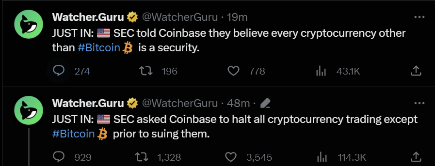 What <a href="/WatcherGuru/">Watcher.Guru</a> failed to explain, is that this is old news. 

<a href="/brian_armstrong/">Brian Armstrong</a>, the <a href="/coinbase/">Coinbase 🛡️</a> CEO, is just explaining what happened weeks ago after getting sued by the SEC. 

Don't panic due to farm engaging tweets.