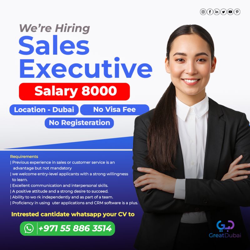 We're Hiring Sales Executive
Location - Dubai, United Arab Emirates

#jobs #dubaijobs #dubaijobseekers #dubaijob #dubaijobsearch #dubai #hiring #salesexecutive #job #jobvacancies #dxb