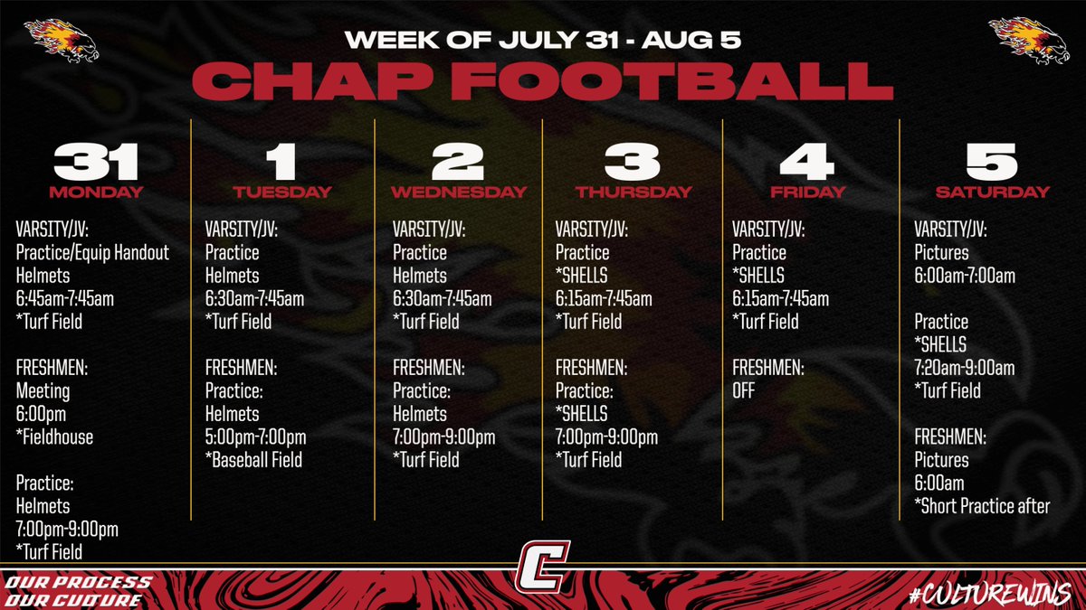 #ChapFootball Schedule for the week. #CultureWins #OurProcess #OurCulture