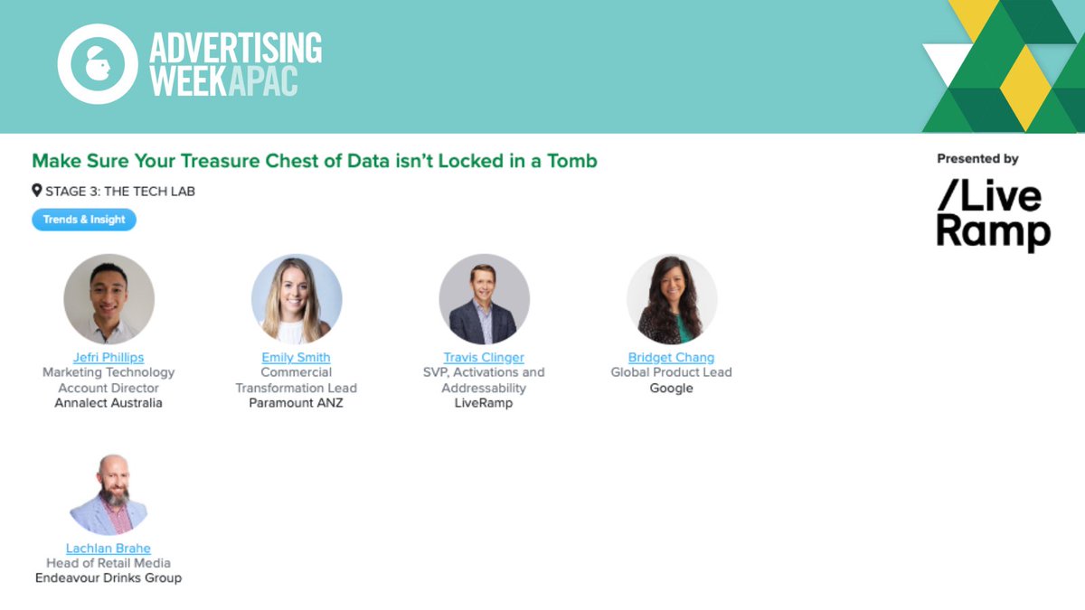 ParamountANZ's tweet image. Our Commercial Transformation Lead is on a @LiveRamp panel at @advertisingweek Make Sure Your Treasure Chest of Data Isn’t Locked In A Tomb, where you can learn how companies can acquire rich insights to build enduring brand &amp;amp; business value #AWAPAC 🙌🏿advertisingweek.com/event/awapac-2…