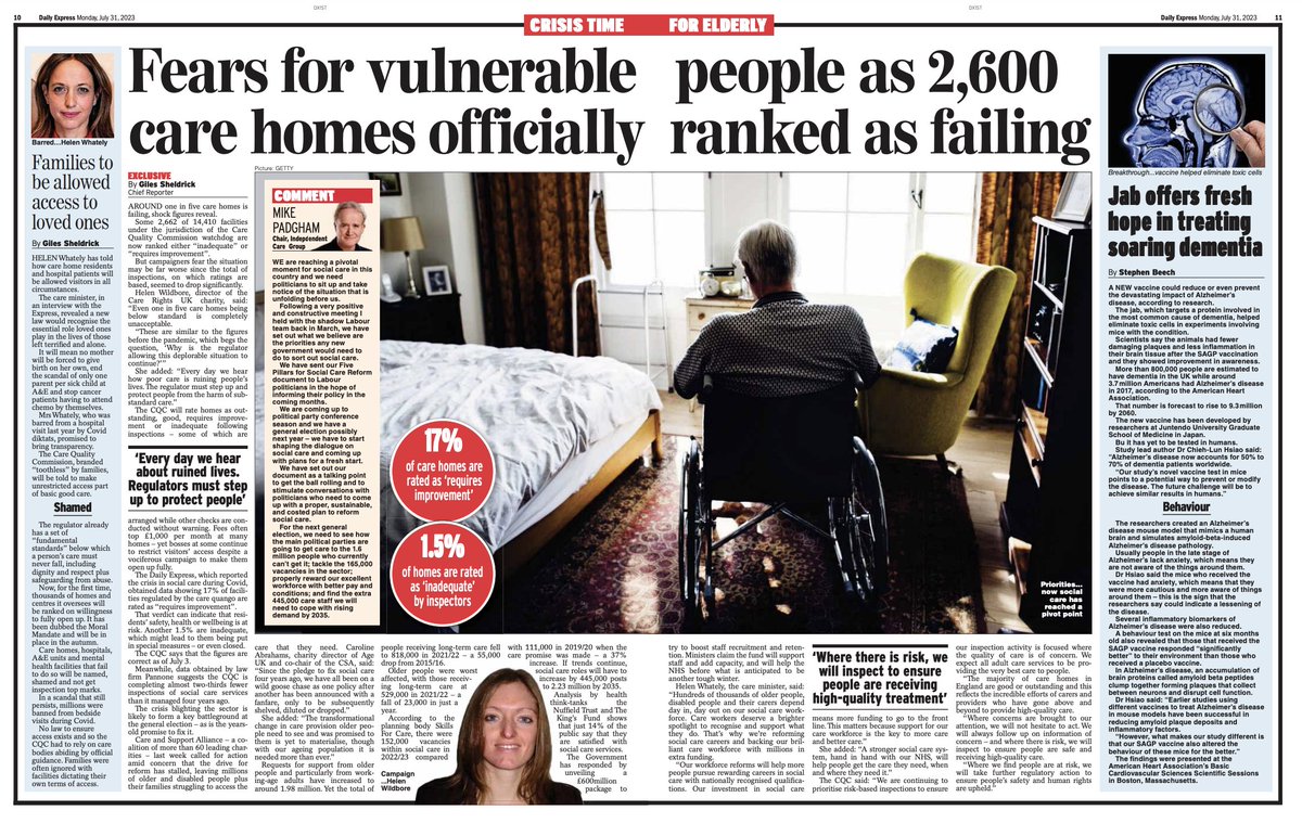 Excl: 1 in 5 care homes is failing but true number could be much higher as CQC inspections plummet. This is one of a myriad of social care issues that needs to be addressed &amp; is likely to be a general election battlefield as crises mount <a href="/CareRightsUK/">Care Rights UK</a> <a href="/Mike_Padgham/">Mike Padgham</a> <a href="/age_uk/">Age UK</a>