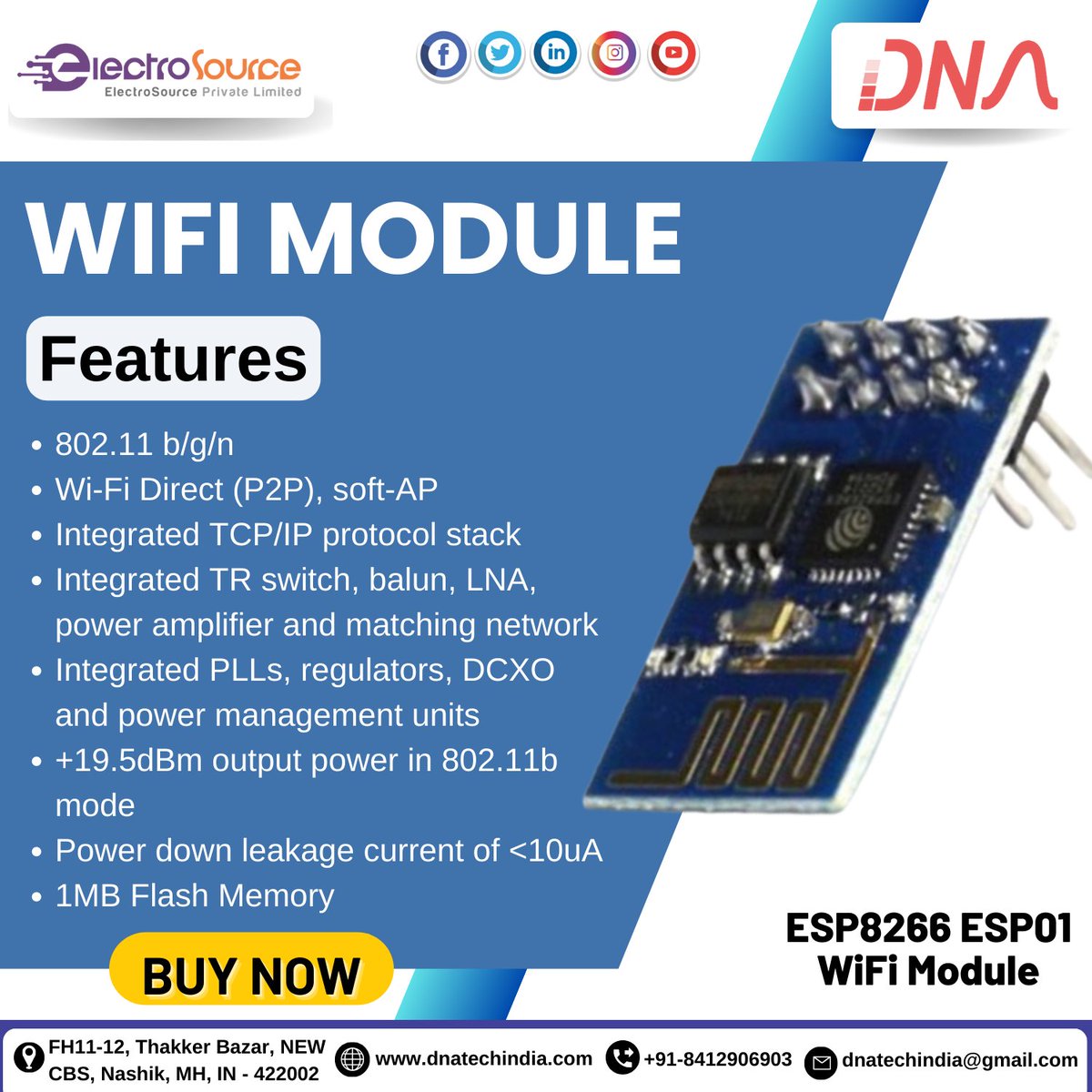 dnatechindia's tweet image. WiFi Module
ESP8266 ESP01 WiFi Module
#wifimodule #module #wifidirect #softap #protocolstack #trswitch #balun #lna #poweramplifier #matching #regulators #dcxo #powermanagement #units #outputpower #mode #powerdown #current #flashmemory #electronics #componenteselectronicos
