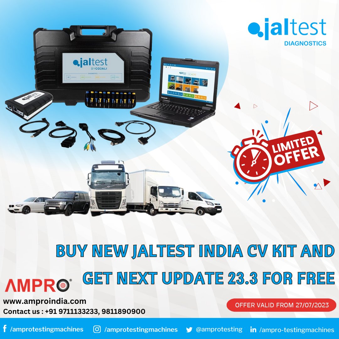 BUY A NEW JALTEST INDIA CV KIT AND GET THE NEXT UPDATE 23.3 FOR FREE
OFFER VALID FROM 27/07/2023
DM 💬us or call at +91 9711133233 to book your Device!!!
#jaltest  #JaltestDiagnostics #JALTESTINDIACVKIT #CommercialVehicle #LightCommercialVehicle #Jaltestupdate  #Jaltestsoftware