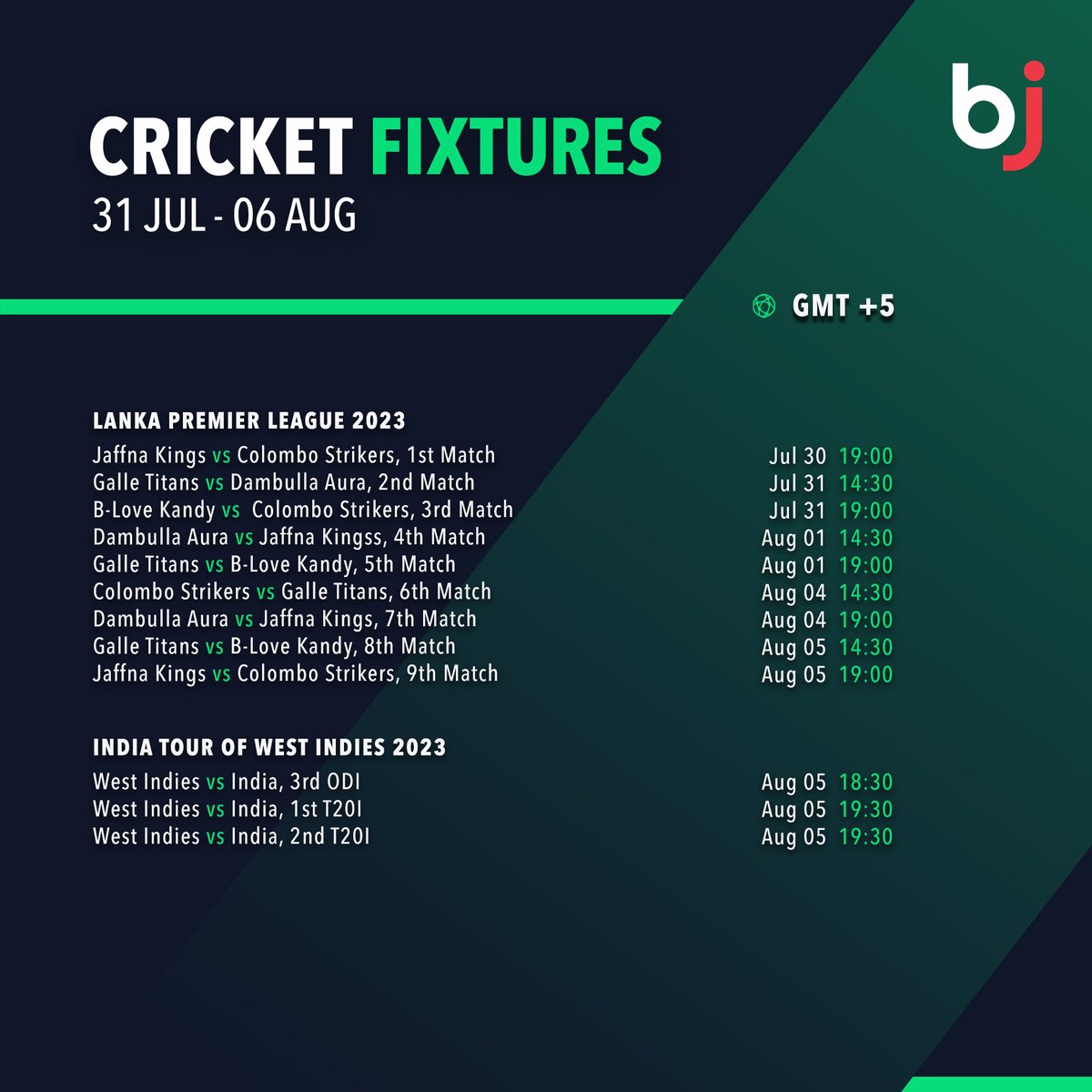 اس ہفتے کے تمام کرکٹ میچوں کا شیڈول ایک نظر میں صرف Baji پر دیکھیں!!

💥 ابھی Baji ممبر کے طور پر رجسٹر ہوں!!💥  baji.social/bj/fbpkr3

#Baji #BJ #Sports #Cricket #Schedule #CricketFixture #ODI #T20I #Test #LPL #Emergingcup2023