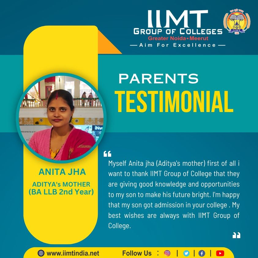 iimtnoida's tweet photo. PARENTS TESTIMONIAL !!
Mrs. ANITA JHA
ADITYA's MOTHER (BA. LLB. 2nd Year)
https://t.co/UOh7RIbr6l
Call Us: 9520886860
#ParentsTestimonial #IIMTIndia #IIMTNoida #IIMTGreaterNoida #IIMTDelhiNCR .
#LawCollege #LLB #BALLB #admissionopen2023 #LLbAdmission
#BALLBcourse #LLBCourse https://t.co/HCMYHpclQz