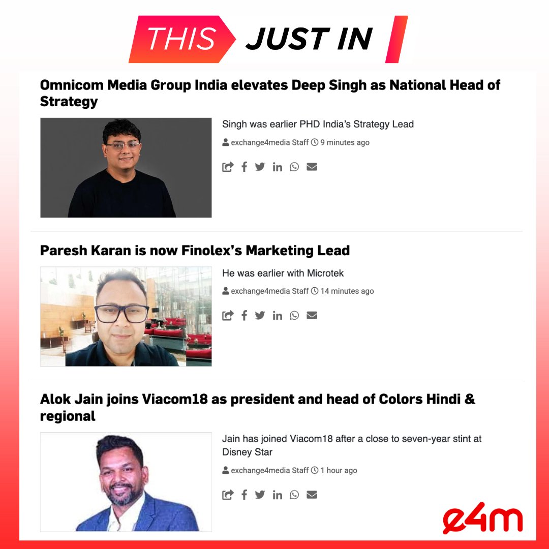 e4mtweets's tweet image. Visit exchange4media.com for the latest updates.

@OmnicomMediaGrp India elevates #DeepSingh as National Head of Strategy.

#PareshKaran is now #Finolex’s Marketing Lead.

#AlokJain joins @viacom18 as president and head of Colors Hindi &amp;amp; regional. 

#e4m #Appointment