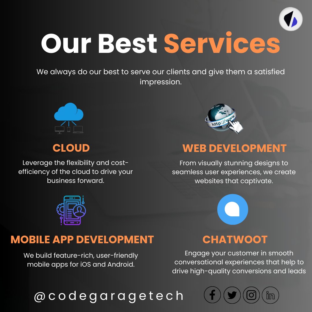 OUR MAIN SERVICES AT CODE GARAGE

#cgt #codegaragetech #CloudSolutions #Scalability #DataSecurity #CostEfficiency #WebDevelopment #UserExperience #Design #OnlinePresence #MobileApps #Innovation #UserFriendly #iOSAndroid #RapidDeployment #CreativityUnleashed #IdeastoLife