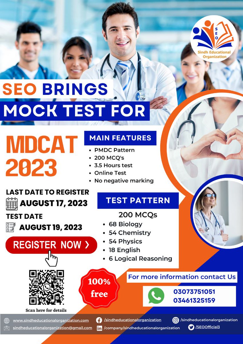 SEOOfficial3's tweet photo. Announcement:
First Time in SEO's History we are going to conduct a free online Mock Test for MDCAT Aspirants.
Register yourself for MDCAT-23 Mock Test by Sindh Educational Organization-SEO.
https://t.co/idUAuaUMsS
Join Whatsapp group for More Updates:
https://t.co/8gmZfLJ1kH https://t.co/TbYQ3k43rL