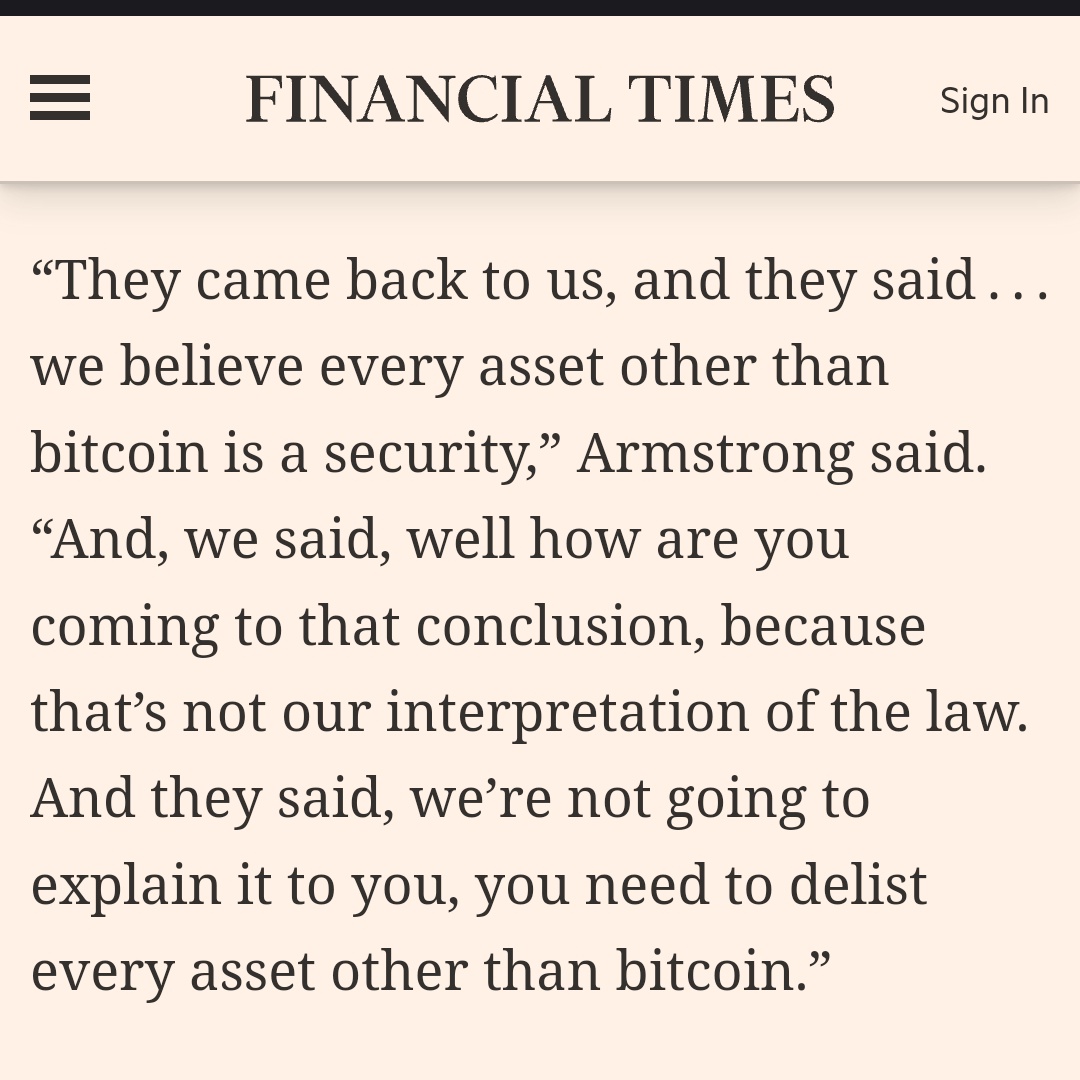 gosatsapp's tweet image. 🚨JUST IN: Prior to suing them in June, the US Securities and Exchange Commission asked Coinbase to halt trading in all crypto other than #Bitcoin

"We believe every asset other than Bitcoin is a security....
You need to delist every asset other than Bitcoin"👨‍⚖️

#BitcoinNotCrypto