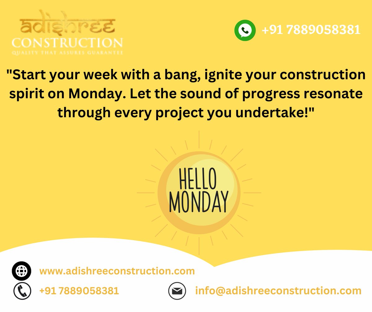 🏗️🔥 Start your week with a bang! 🚀 Ignite your construction spirit on #Monday and let the sound of progress resonate through every project you undertake! 🏢💪
.
.
#adishreeconstruction #derabassi #zirakpur #ConstructionGoals #MotivationMonday #BuildingDreams #SuccessInSight