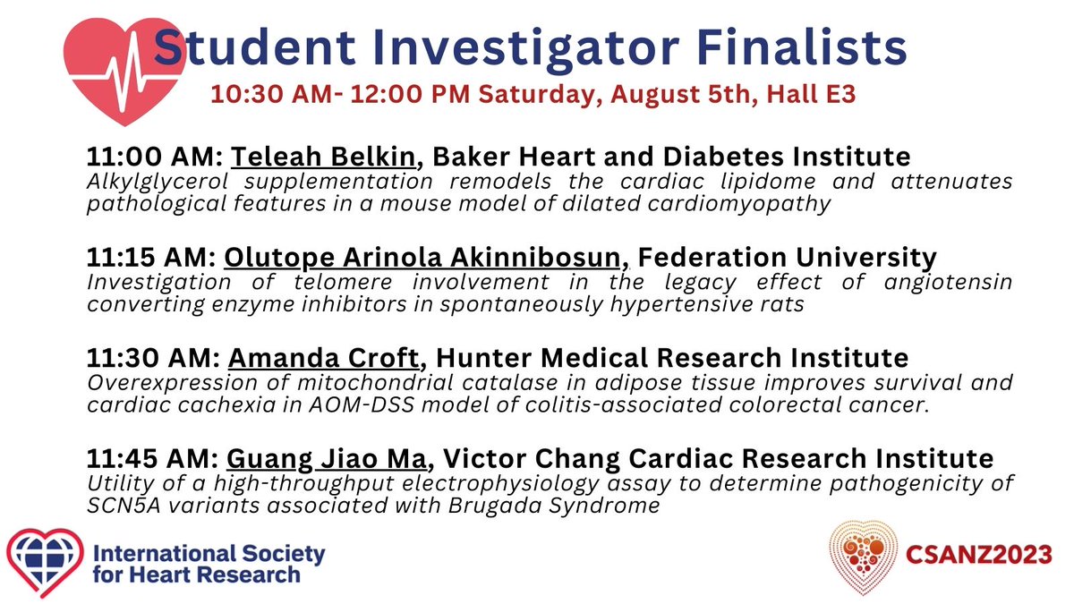 ISHR Australasian Section (@ishr_aus) on Twitter photo Congratulations to all the students selected to present in the Student Investigator Finalists session this Saturday <a href="/thecsanz/">CSANZ</a> ASM.
<a href="/ArinolaAkin/">Arinola Akinnibosun</a> <a href="/Teleah_Belkin/">Teleah Belkin</a> <a href="/AmandaJCroftNew/">Amanda Croft</a> Congratulations to all the students selected to present in the Student Investigator Finalists session this Saturday <a href="/thecsanz/">CSANZ</a> ASM.
<a href="/ArinolaAkin/">Arinola Akinnibosun</a> <a href="/Teleah_Belkin/">Teleah Belkin</a> <a href="/AmandaJCroftNew/">Amanda Croft</a>