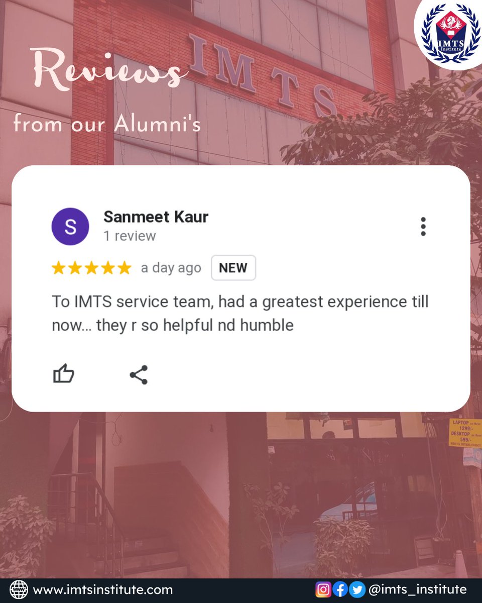 IMTSINSTITUTE's tweet photo. Review from our one of Alumni on Google, Website link in bio-
Follow us for more- @IMTSINSTITUTE
#review #testimonial #TestimonialMonday #AlumniReview #GoogleReview #OnlineLearningPlatform #DistanceEducation #IMTSInstitute https://t.co/QN0khzOLPq