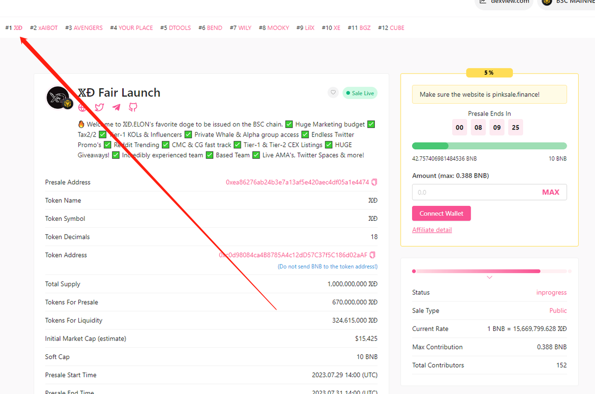 XD_BSC20's tweet photo. XÐ is now #1 in the popular Pinksale! 

✅ CMC &amp; CG fast track 

✅ Tier-1 &amp; Tier-2 CEX Listings 

https://t.co/15bXnwT9mu https://t.co/bXFgjD50pj