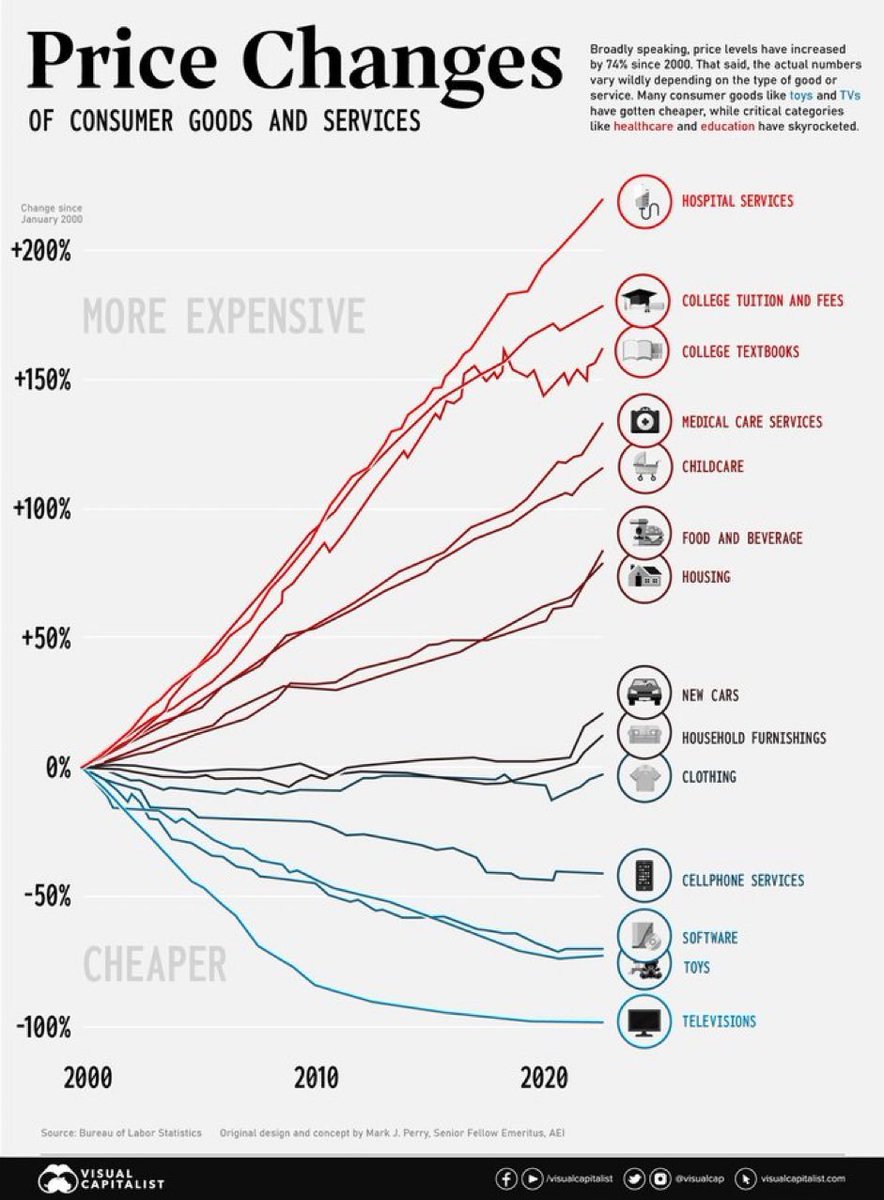 KanekoaTheGreat's tweet photo. PRICE CHANGES 2000-2020:  

🏥Hospital services 200%+ 
🏫College tuition 175%+
🏢 Childcare 130%+
🛒Food and beverages 80%+ 
🏠Housing 75%+
🚙New Car 30%+
📱 Cellphone -40%
🖥️ Software -70%
🕹️ Toys -80%
📺 Television -90%

Why have housing, healthcare, and education costs skyrocketed?