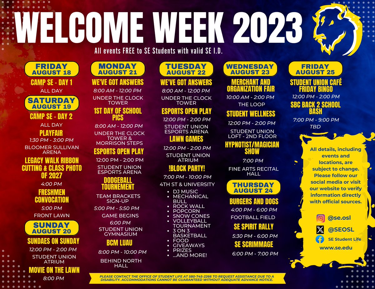 SEOSL's tweet photo. #SEWelcomeWeek is almost here, Aug 18-25! Magician acts to stun you, a hypnotist to mesmerize, a Block party with DJ music to groove to, scrumptious food to feast on, and lots of fun await. Remember, this is just the calm before the Storm! # Retweet #SEBound #SESpirit #MyDurant https://t.co/1a9HXBmUgY