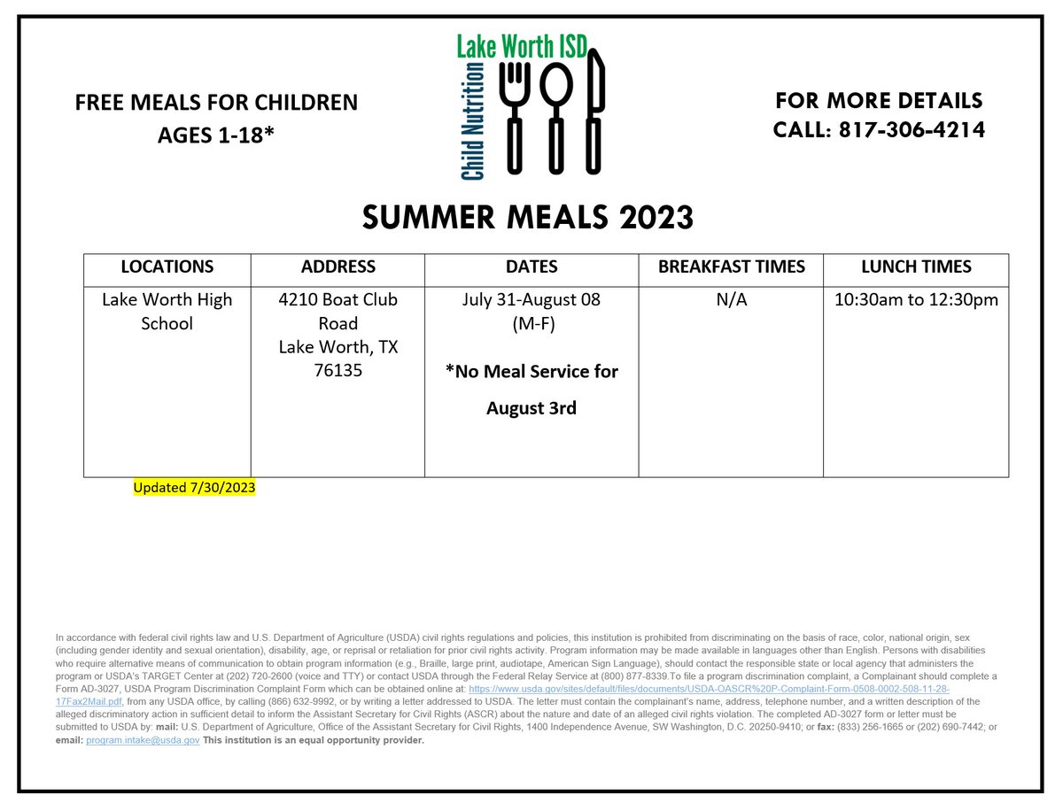 LakeWorthISD's tweet photo. The Lake Worth ISD Child Nutrition Department will provide lunch for students starting today through August 8. However, there will not be lunch service on Thursday, August 3. #WorthIt https://t.co/63gH3c4e2T