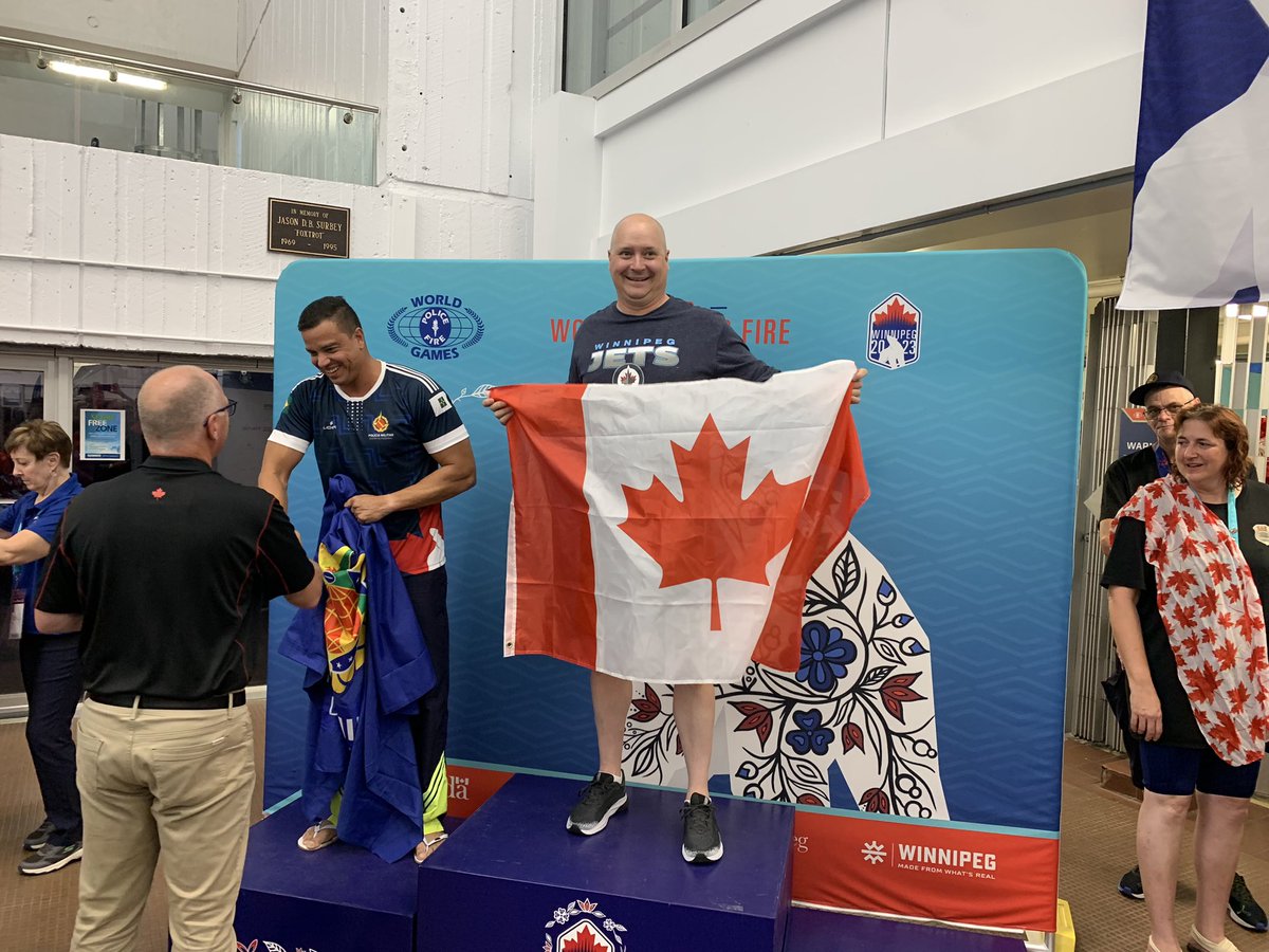 Cal495's tweet image. Day 1 #WPFG2023 update: 1 race, 1 gold medal. 100m freestyle for the 45-49 age group. 1 race tomorrow on day 2, 3 more on day 3. Gotta keep it rolling! @BPFFA1068 @BramptonFireES