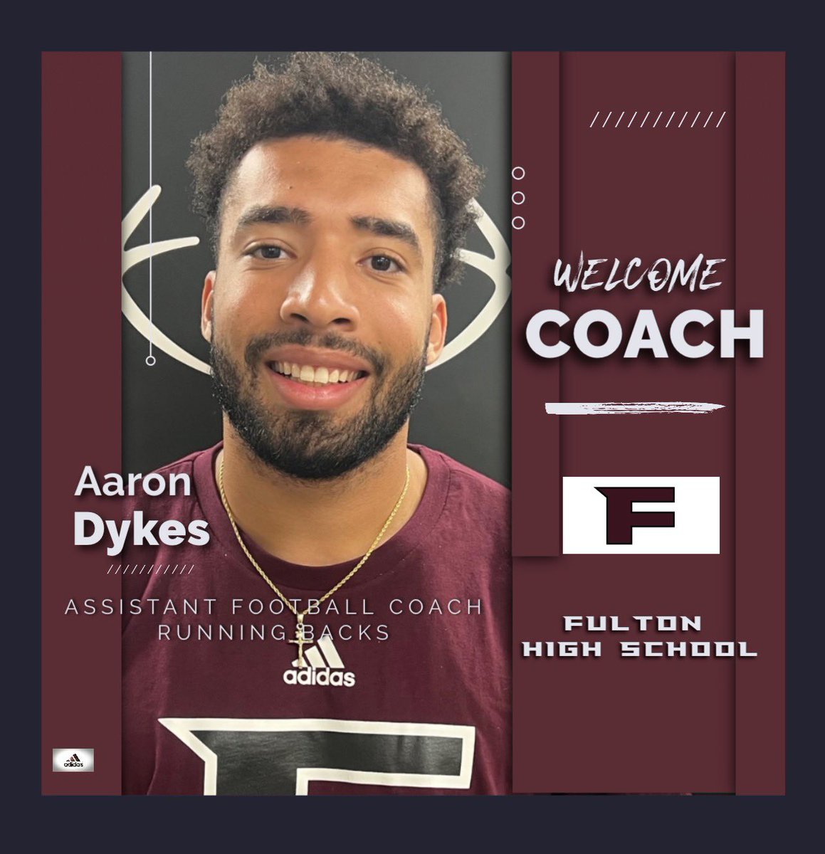 We want to welcome Coach Aaron Dykes to Falcon Country. He comes to Fulton following a great career at The University of Richmond. He will be working with our running backs. We are excited to have him as a part of the Fulton Family. #FlyWithUs