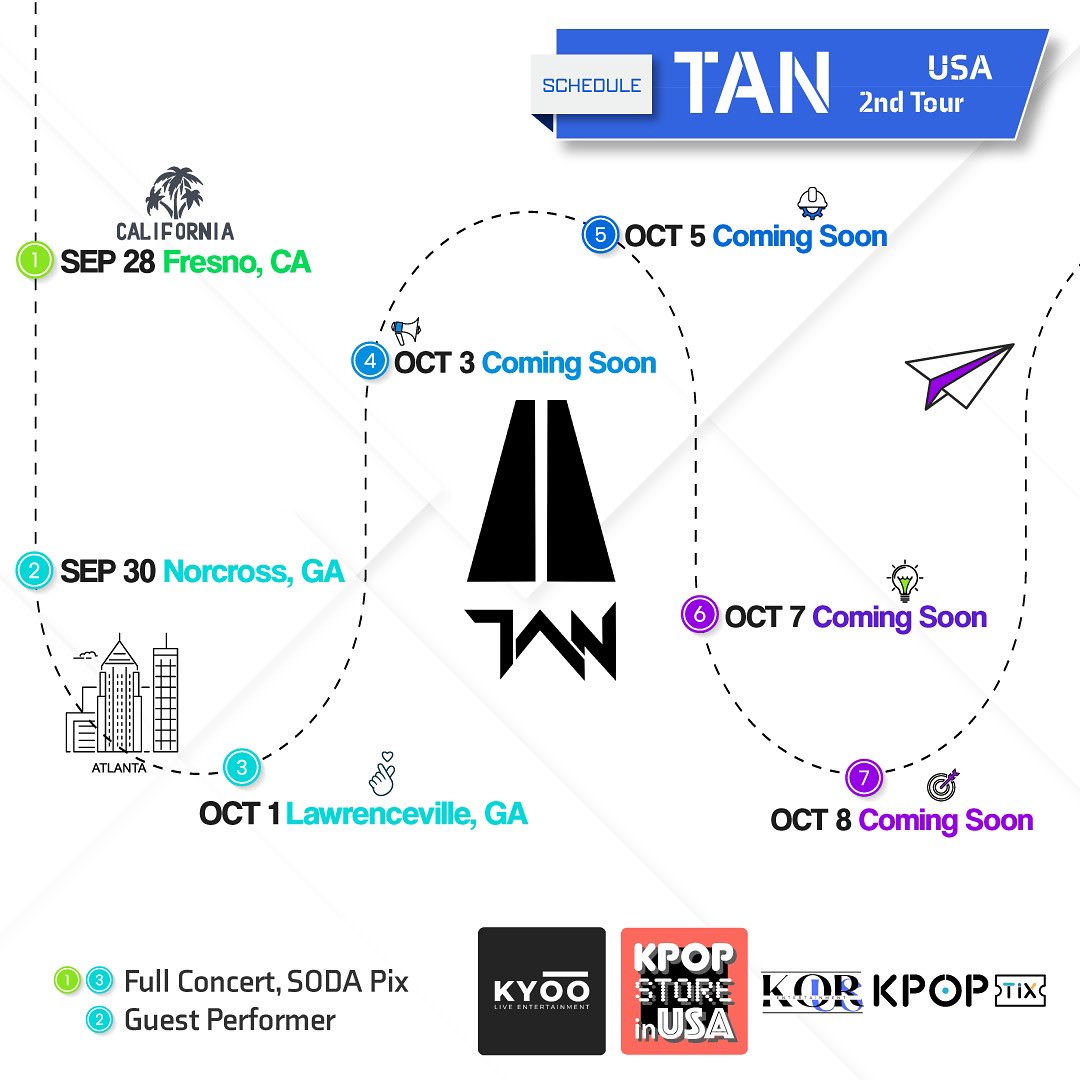 KyooLiveEnt's tweet photo. 여러분! 너무 보고싶었어! IYKYK😉

SODA 🥤! Save the date because TAN is coming back! 

Sept. 28 Fresno, CA
Sept. 30 Norcross, GA
Oct. 1 Lawrenceville, GA
Oct. 3 ❓
Oct. 5 ❓ 
Oct. 7 ❓
Oct. 8 ❓

More details coming soon! 

#티에이엔 #TAN https://t.co/K5cnQGdPfw