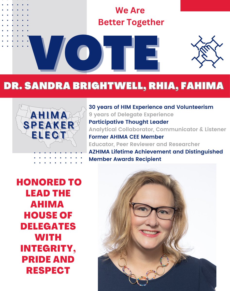 sandybrightwell's tweet photo. #AHIMAElection2023
Voting opens tomorrow for AHIMA Delegates. I would appreciate your Delegate support. https://t.co/xDj8BbjTMn