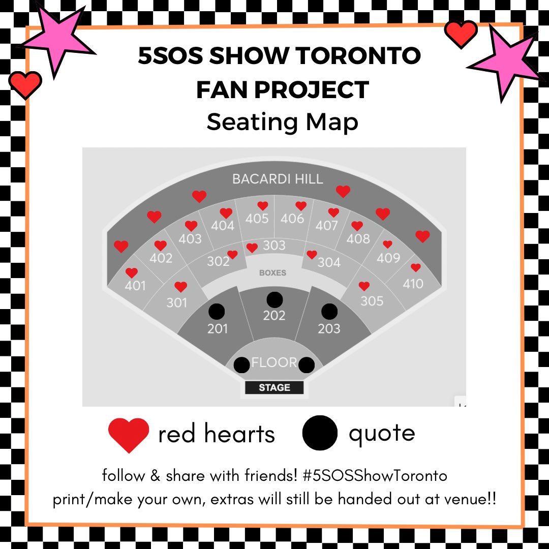 5SOSshowtoronto's tweet photo. TORONTO 5SOS FAM‼️this is the official seat map for the #5SOSShowToronto fan project!!

we will be holding up signs and red hearts to our flashlights during amnesia! 

if you have any questions or want to help out, send us a dm!  

#5sos #the5sosshow #torontoconcerts  #fanproject https://t.co/6yUvI9zlwe