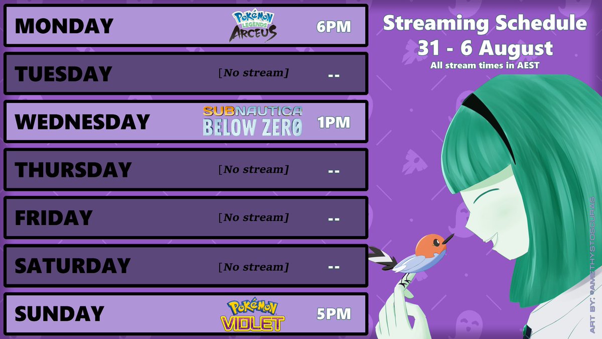 Vrisvi's tweet photo. [Stream Schedule July 31 - 6 August] 🗓️
Slower week this week, a lot of work to do. May be able to add an additional stream Thursday.

Steam Tag: #VriStreams
Art Tag: #Vrillustrate
- - All stream times in AEST - - https://t.co/1Ry5OU6Har