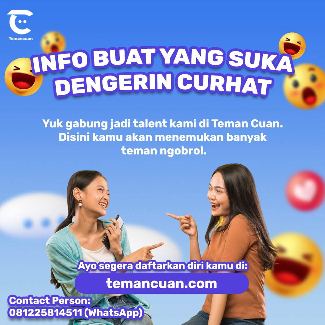 Sayidah_RH's tweet photo. DENGERIN CURHAT BISA DAPET CUAN!

Kamu suka dengerin curhatan orang? 
Kamu pendengar yang baik? 
Ternyata itu bisa diduitin loh! 
Segera daftar jadi talent di TEMAN CUAN! 
Cuma dengan dengerin curhat bisa bikin kamu banyak duit! 
Daftar disini sekarang: https://t.co/DlsDVTzPxy https://t.co/DA5VXNCDh9