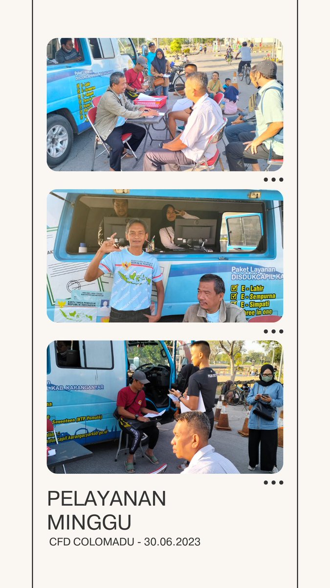 Laporan Hasil Pelayanan Minggu di CFD Colomadu :
KK (30), Kepindahan (6), Akta Lahir (3), KIA (10), IKD (6), Biodata (15)