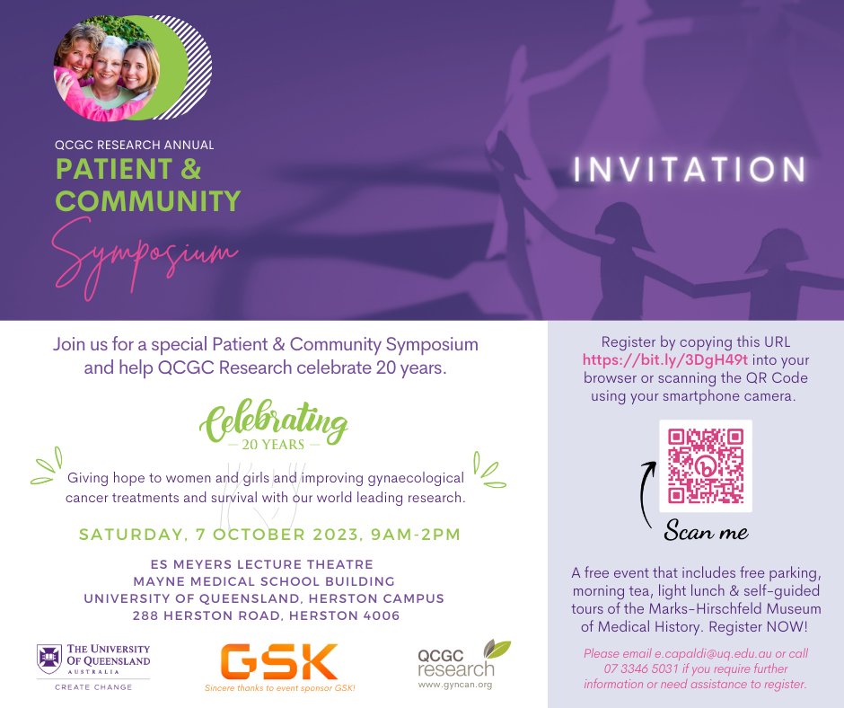 Register now for our 2023 Patient Symposium sponsored by <a href="/GSK/">GSK</a>! This year QCGC Research celebrates its 20th anniversary, so please join us for this extra special event, and hear about advances in research and to connect with other gynae-cancer patients: gyncan.org/events