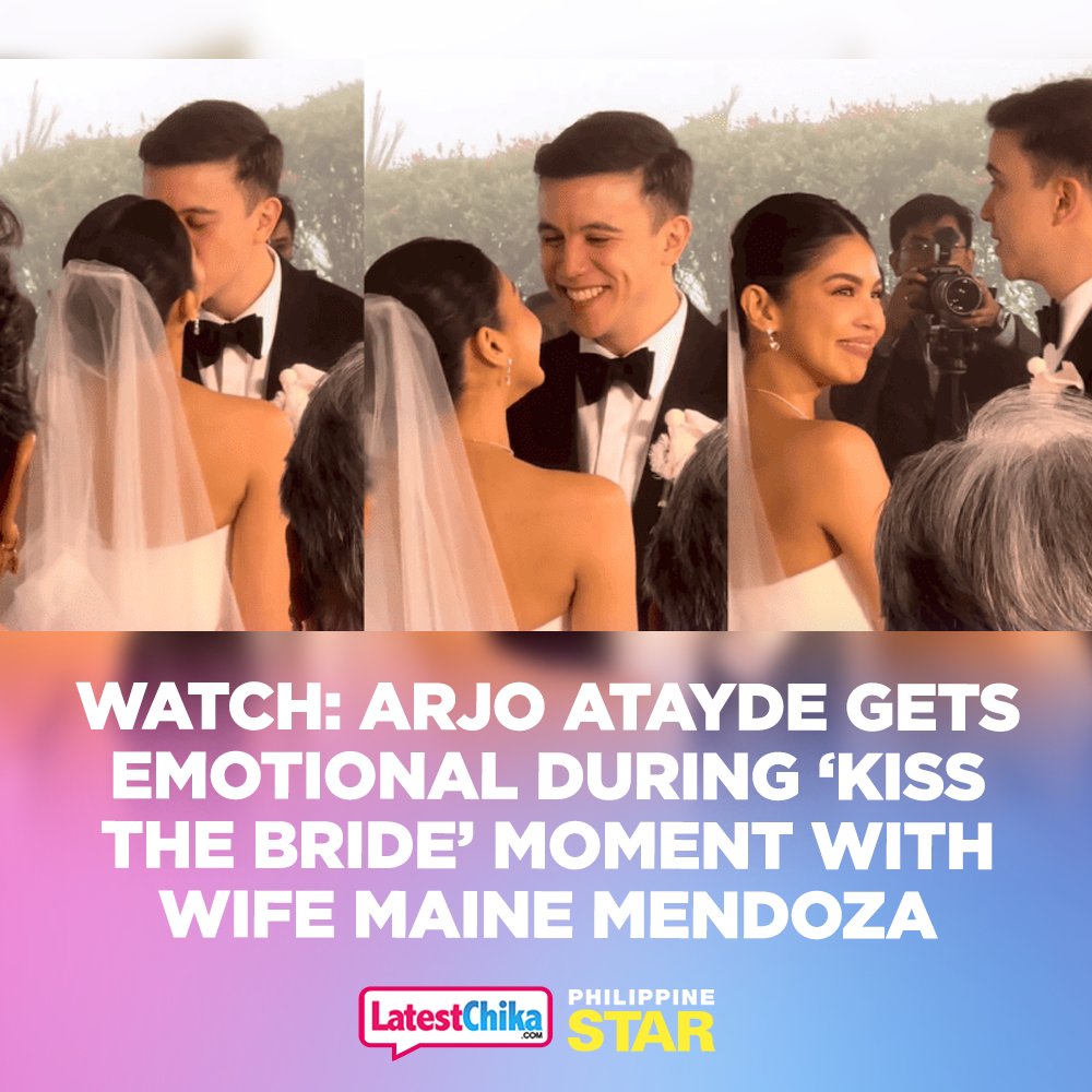 PhilippineStar's tweet photo. Actor-turned-politician Arjo Atayde couldn’t stop his tears as he shared his first kiss with now wife Maine Mendoza during their intimate wedding ceremony in Baguio City. https://t.co/yHQvjcAGmy | via @latest_chika https://t.co/8teO5iL6CX