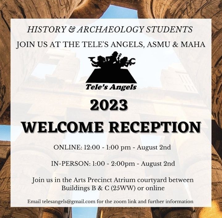 MAHA Students (@mahastudents) on Twitter photo In conjunction with <a href="/Archaeology_MQ/">ASMU - Archaeology Society of Macquarie University</a> & <a href="/TelesAngels/">Tele's Angels</a> will be holding a welcome reception for semester 2 this Wednesday.
If you are joining via Zoom please email or DM tele's angels for the link, and if you are joining us in person, it's in the Atrium at 25WW. See you there! In conjunction with <a href="/Archaeology_MQ/">ASMU - Archaeology Society of Macquarie University</a> & <a href="/TelesAngels/">Tele's Angels</a> will be holding a welcome reception for semester 2 this Wednesday.
If you are joining via Zoom please email or DM tele's angels for the link, and if you are joining us in person, it's in the Atrium at 25WW. See you there!
