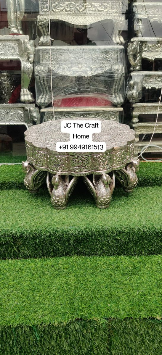 Silver clad chowki | pure silver bajot.
Round stool with 8 peacock 🦚 legs 
#jcthecrafthome #silverchowki #silverbajot #puresilverstool #silverpellipeetalu #silverpeeta #silverantiquestool #silverpoojaseater #woodenchowki #woodencraft #silvercraft #silvergadepeeta
