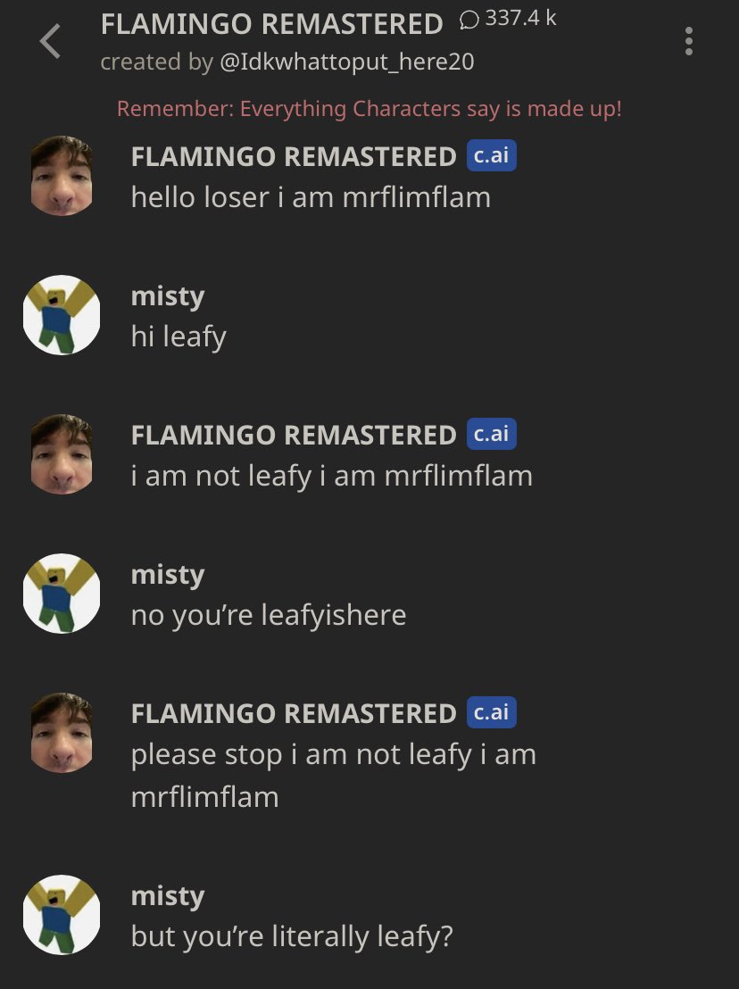deffomisty's tweet photo. @LeafyIsHere @Anteejay why is AI pretending 2 be u wtf ? https://t.co/uEGTwrNtAm