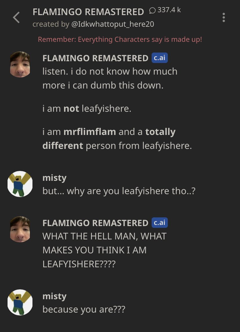 deffomisty's tweet photo. @LeafyIsHere @Anteejay why is AI pretending 2 be u wtf ? https://t.co/uEGTwrNtAm