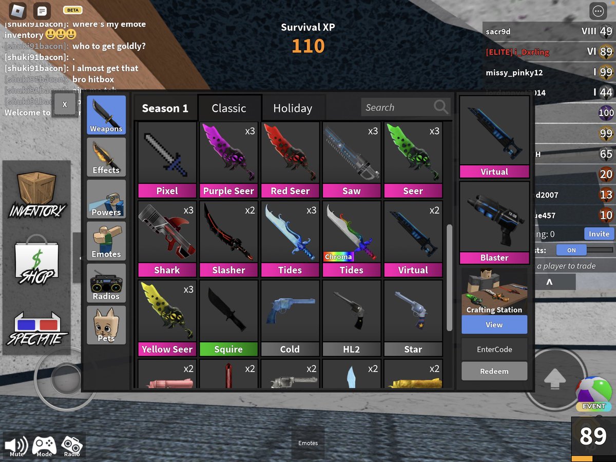 dxrIng2's tweet photo. SELLING ALL MM2 WEAPONS PSX HUGE EXCLUSIVE AND GEMS (MORE PIC ON THE COMMENT SEC)
180 MM2 GODLYS
3 HUGE
13 EXCLUSIVE
9B GEMS 
SELLING NOT TRADING! BADLY NEED FUNDS FOR OTHER GAME #mm2 #mm2trades #mm2trading #murdermystery2 #adoptmetrades #adoptmeroblox #roblox https://t.co/w6oYG0zkbe