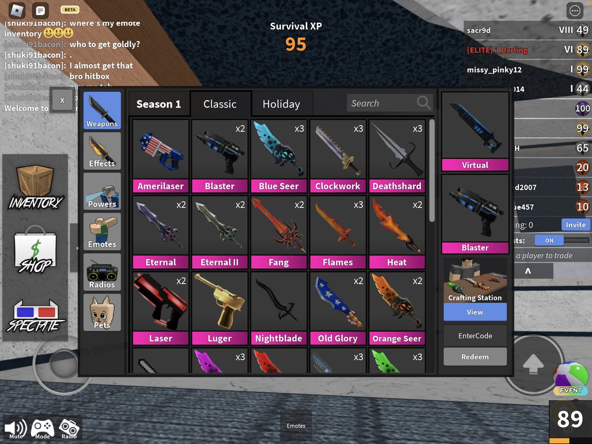 dxrIng2's tweet photo. SELLING ALL MM2 WEAPONS PSX HUGE EXCLUSIVE AND GEMS (MORE PIC ON THE COMMENT SEC)
180 MM2 GODLYS
3 HUGE
13 EXCLUSIVE
9B GEMS 
SELLING NOT TRADING! BADLY NEED FUNDS FOR OTHER GAME #mm2 #mm2trades #mm2trading #murdermystery2 #adoptmetrades #adoptmeroblox #roblox https://t.co/w6oYG0zkbe