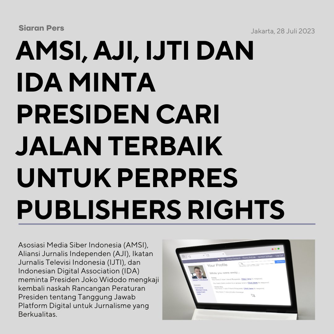 AJIIndonesia's tweet photo. Kawan2, ada yg menyimak soal rancangan Perpres Tanggung Jawab Platform Digital untuk Jurnalisme yang Berkualitas?

Mimin akan cuitkan pernyataan sikap gabungan, ya.

[RILIS]
AMSI, AJI, IJTI dan IDA Minta Presiden Cari Jalan Terbaik untuk Perpres Publishers Rights

-utas- https://t.co/VSCFfPvGvW