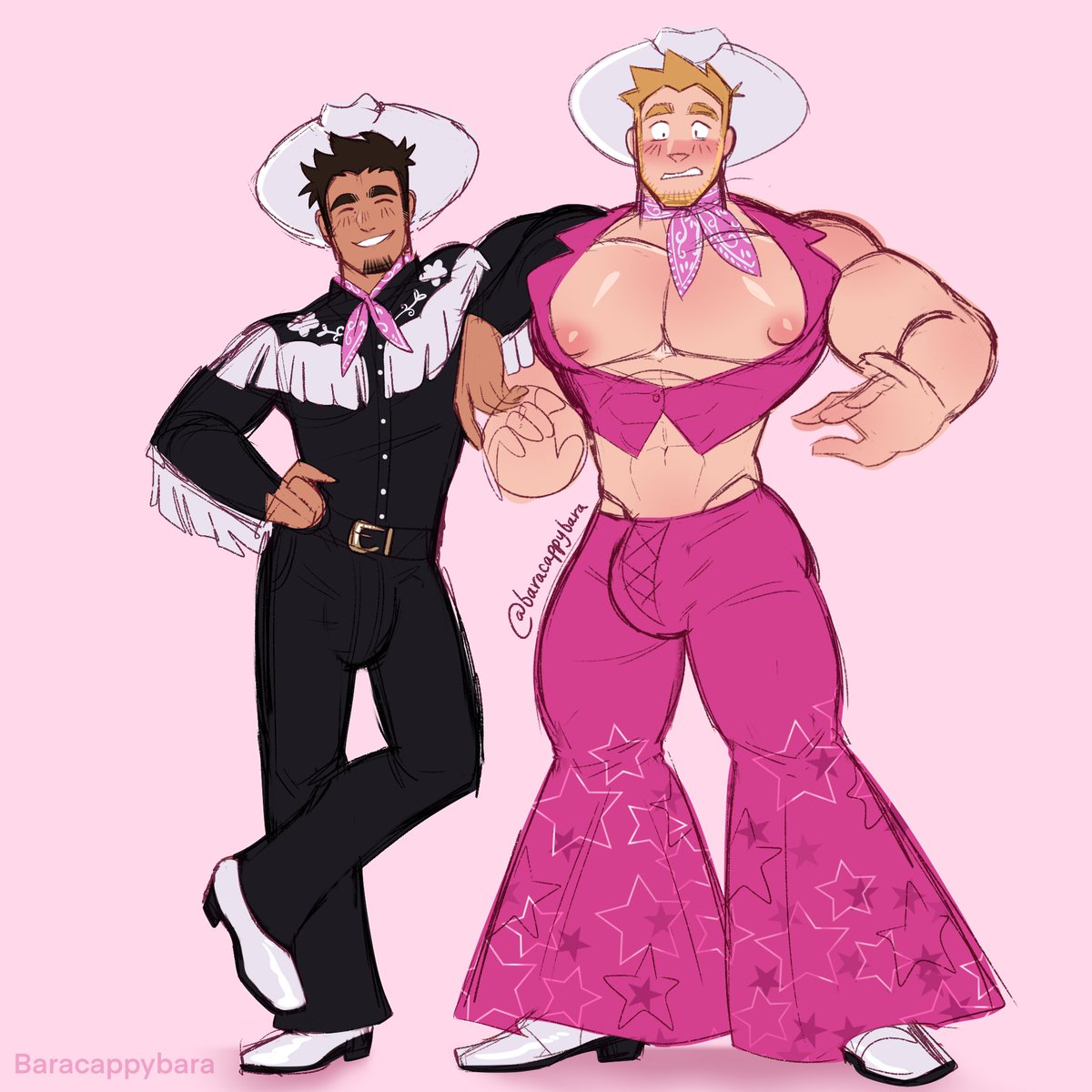 Baracappybara's tweet photo. I had this idea roaming my head for awhile and I had the enough motivation to get it done so here it is! My OCs Evan and Diego as Barbie and Ken from the Barbie Movie! 💗 #Barbie https://t.co/rK0w8ENxb7