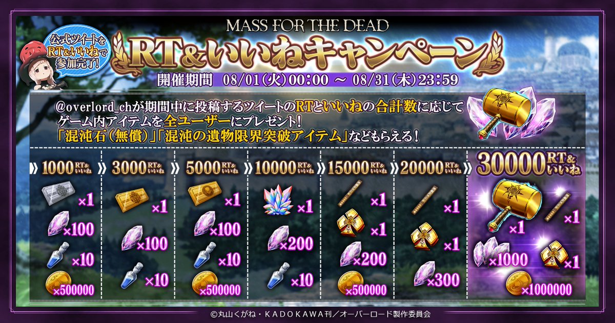 overlord_ch's tweet photo. 8月も『RT&amp;いいねキャンペーン』開催！

期間中に公式Twitter（ @overlord_ch ）から投稿されるツイートのRT&amp;いいねの合計数に応じて、混沌石などのアイテムを全ユーザーにプレゼント！

すべて達成すると最大で混沌石(無償)2000個もゲット可能！

https://t.co/zo85hN3qG6
#オバマス #オーバーロード https://t.co/wBWGsQsqFa