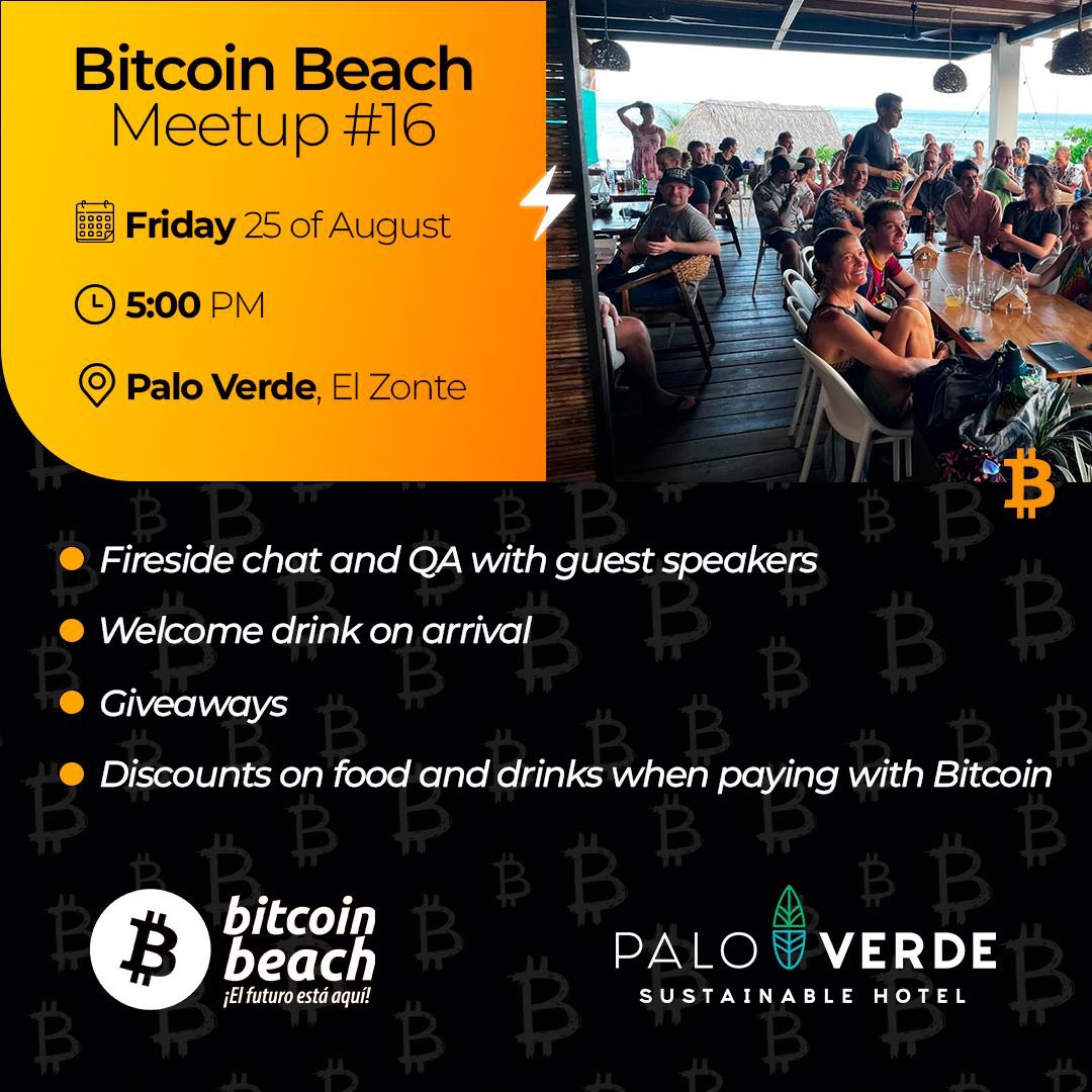 ¡Join us next Friday, August 25th at 5 pm at Palo Verde Hotel, for the next <a href="/Bitcoinbeach/">Bitcoin Beach</a> Meetup! there will be a free welcome drink, giveaways (t-shirts, hats, Blockstream Jade cold wallets), mingling and much more!  
📍<a href="/Bitcoinbeach/">Bitcoin Beach</a> <a href="/paloverde_hotel/">Palo Verde Sustainable Hotel</a> 

eventbrite.com/e/bitcoin-beac…