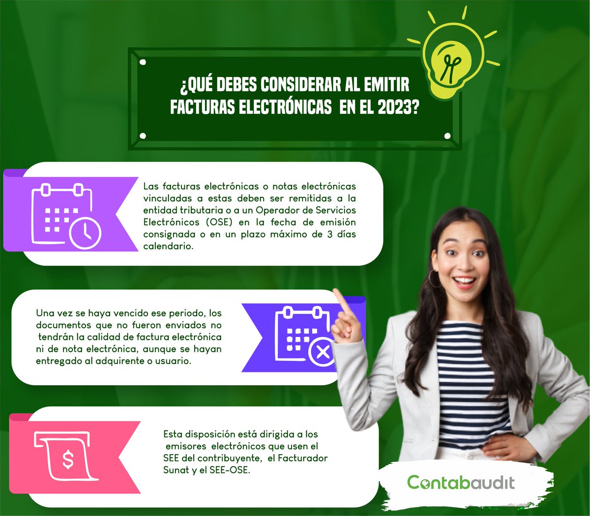 ContabauditPeru's tweet photo. #contabaudit💚 ¿Qué debes considerar al emitir facturas electrónicas en el 2023?  Si tienes una empresa o estás por abrir una y quieres conocer más sobre estas nuevas disposiciones relacionadas a la facturación electrónica, no te pierdas este post👇 https://t.co/JLMi5LpVPE