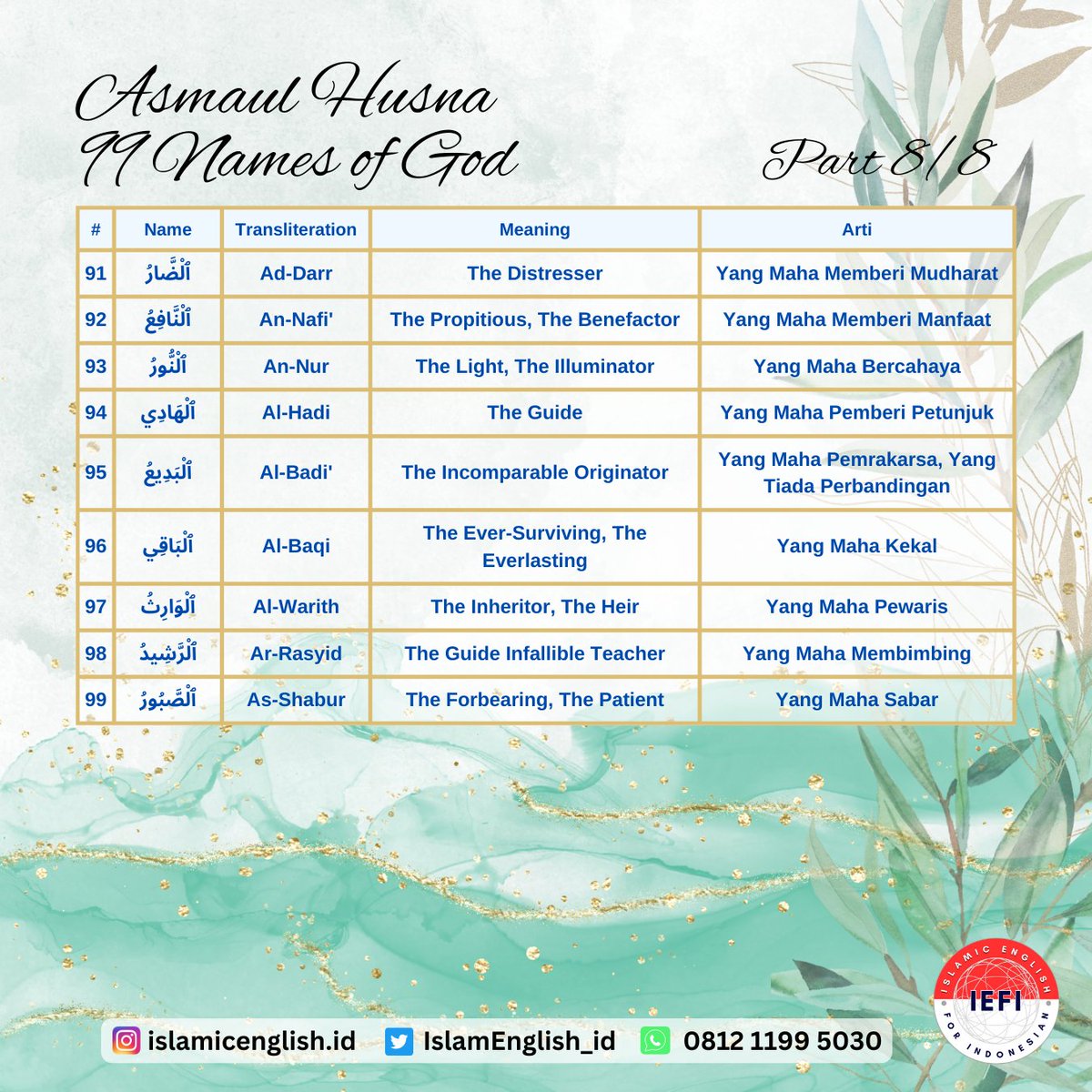 IslamEnglish_id's tweet photo. Asmaul Husna. 99 Names of God. 99 Nama Allah. (part 8/8) #AsmaulHusna #GodNames #99NamaAllah #IslamicEnglish #IslamicEnglishforIndonesian #IEFI #Islam #English #Indonesian #BahasaInggris #BahasaIndonesia https://t.co/dstlz2ORK6
