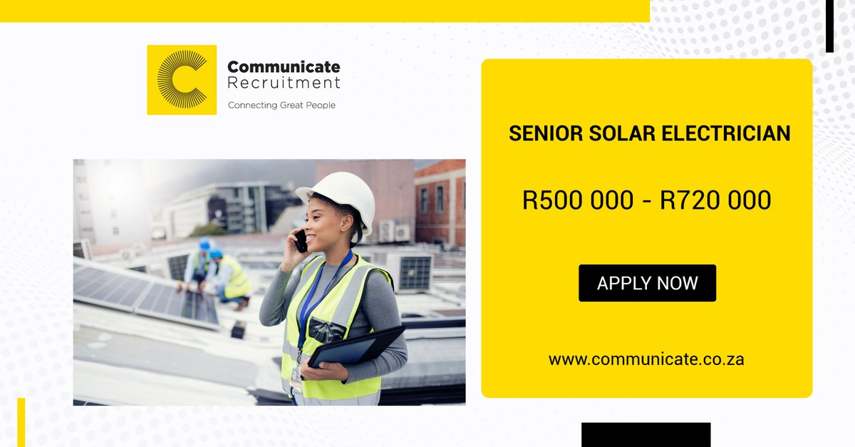 CommunicateSA's tweet photo. Are you a Solar Electrician with at least 8-10 years of experience? 👷‍♂️Are you skilled in fault finding, troubleshooting &amp; repairs? Are you an expert in wiring diagrams and reading technical drawings?  
Apply on the link below. 👇
https://t.co/C3AivMh15X
#JobAdviceSA https://t.co/ipN34Td9rf